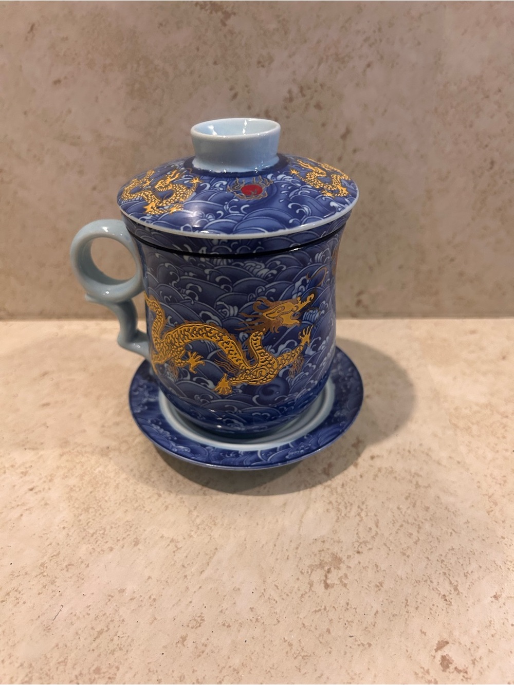 Chinese Blue Porcelain Dragon Lidded Tea Mug with Saucer brand new